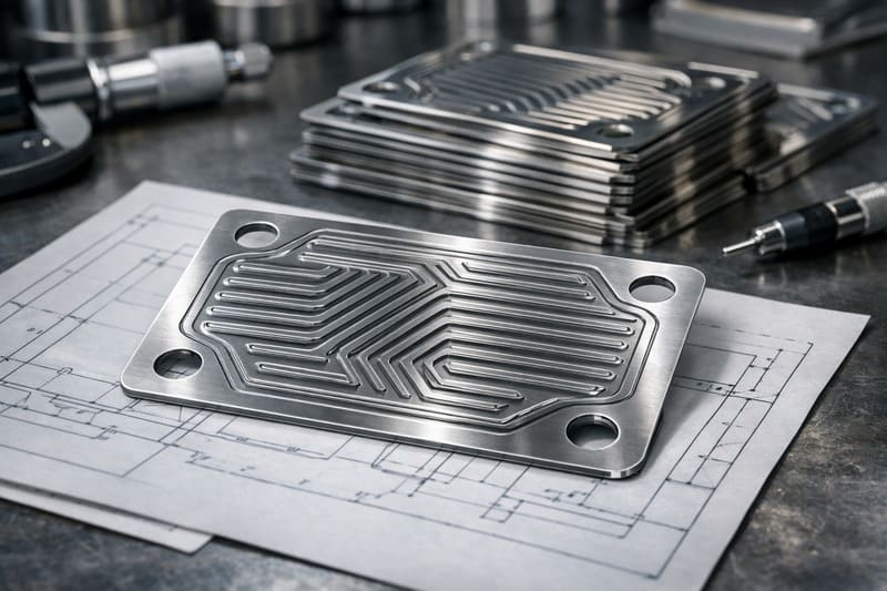 The image depicts a sleek metallic hydrogen fuel cell separator expertly crafted from stainless steel The separator is thin measuring less than 01mm i-3